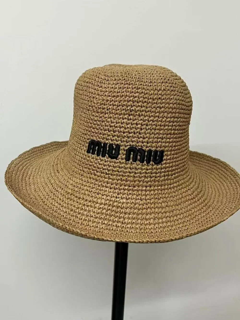 Miu Miu Logo Embroidered Wide Brim Straw Bucket Hat